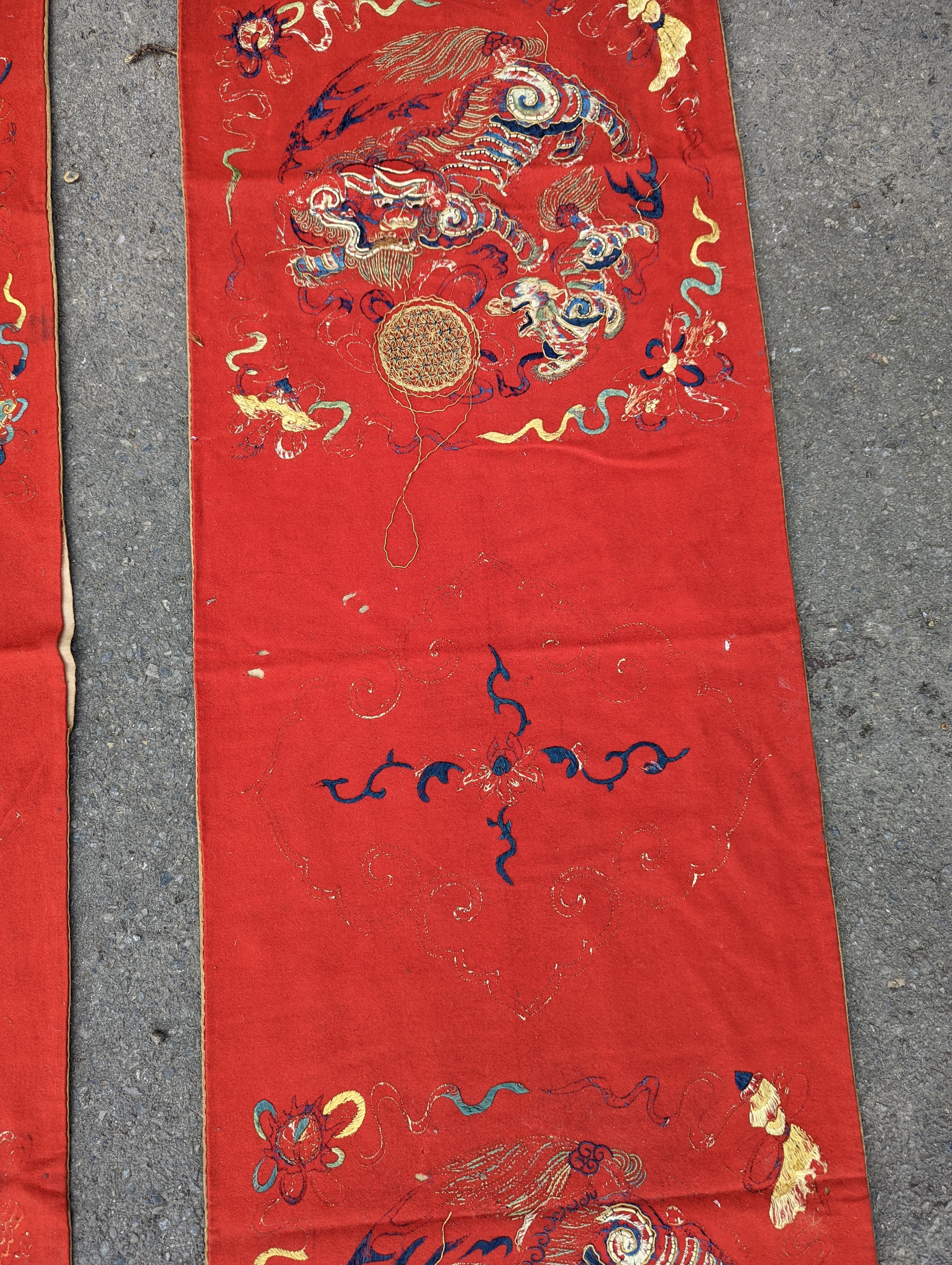 A pair of Chinese silk embroidered wall hangings, 46 x 152cm